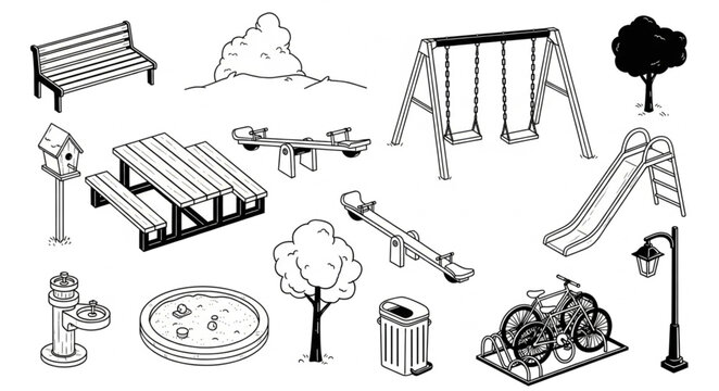 Collection of Hand Drawn Playground Equipment and Park Elements.
