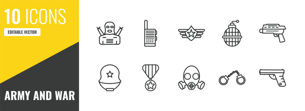 army and war outline icon set. 10 linear vector for ui, web and mobile. thin line guerrilla, militar radio, air force icons.