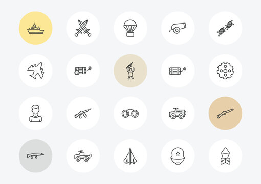 army and war outline icon set. linear vector for ui, web and mobile. thin line army boat, plane, civilian icons.