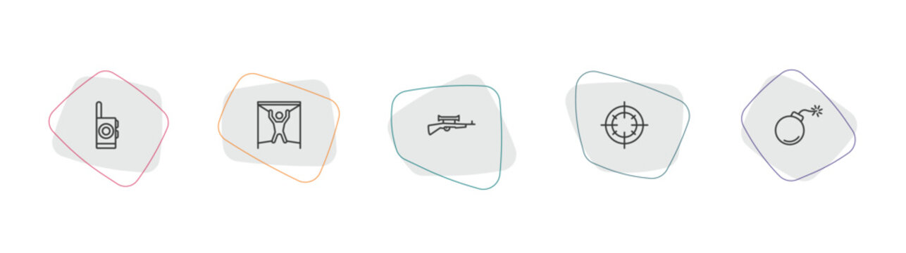 army and war collection. outline icon set. linear vector for ui, web and mobile. thin line walkie talkie, torture, sniper rifle icons.
