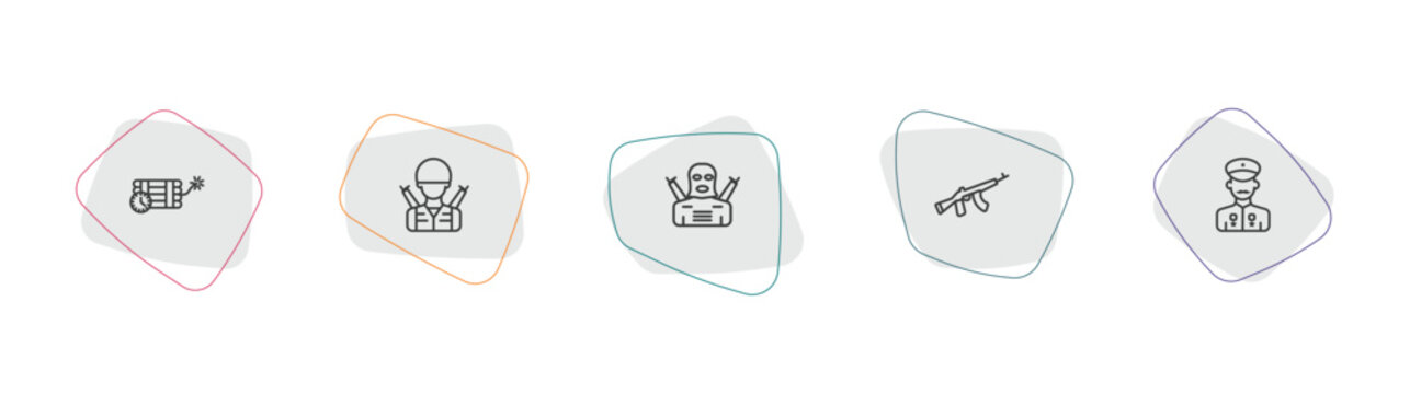 army and war outline icon set. linear vector for ui, web and mobile. thin line time bomb with clock, soldier, guerrilla icons.