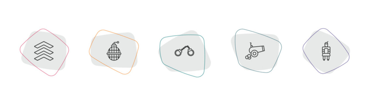army and war outline icon set. linear vector for ui, web and mobile. thin line chevrons, whizbang with rong, pair of handcuffs icons.