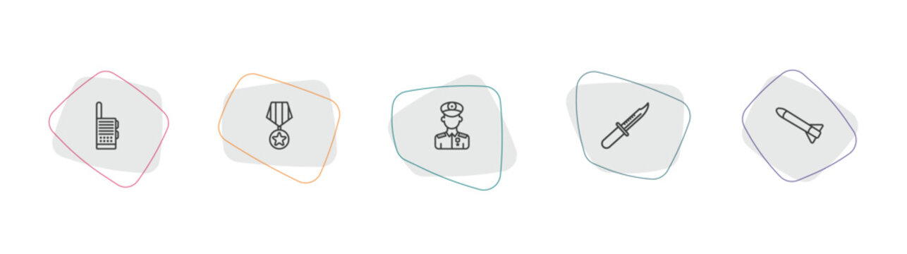 army and war collection. outline icon set. linear vector for ui, web and mobile. thin line militar radio, condecoration, general icons.