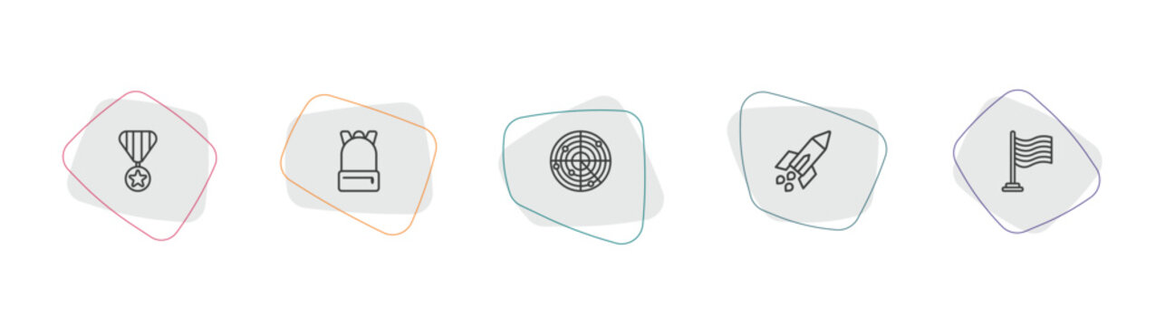 army and war outline icon set. linear vector for ui, web and mobile. thin line militaty medal, backpack, militar radar icons.
