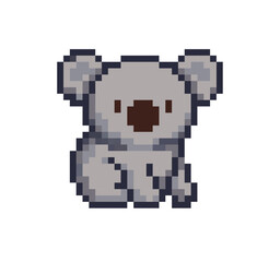 Obraz premium Adorable pixel koala bear character icon in classic retro game style. Gray marsupial animal with clean pixel edges, soft shading and friendly expression.