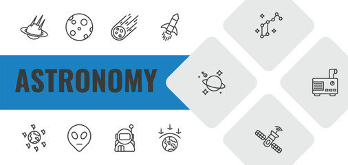 astronomy outline icon set. linear vector for ui, web and mobile. thin line space collision, big moon, meteorite falling icons. © Farahim