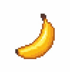 Bright pixel banana fruit icon created in classic retro game style. Cute yellow tropical snack with clean pixel edges, soft shading and simple playful design. © Дарина Ем