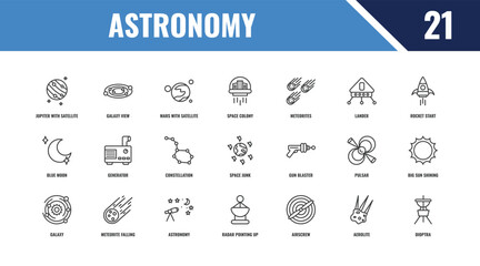 astronomy outline icon set. linear vector for ui, web and mobile. thin line galaxy view, rocket start, gun blaster icons. © Farahim