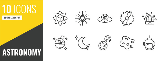 astronomy outline icon set. 10 linear vector for ui, web and mobile. thin line simulator, big bang, alien with aqualung icons. © Farahim