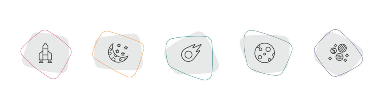 astronomy outline icon set. linear vector for ui, web and mobile. thin line launching shuttle, half moon, comet icons.
