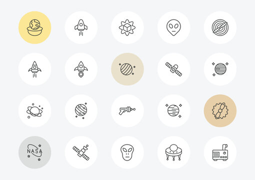 astronomy outline icon set. linear vector for ui, web and mobile. thin line relativity, rocket start, planet icons.