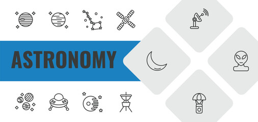 astronomy outline icon set. linear vector for ui, web and mobile. thin line venus with satellite, neptune with satellite, ursa major icons. © Farahim