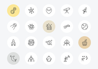 astronomy outline icon set. linear vector for ui, web and mobile. thin line earth and moon, sputnik, launching shuttle icons. © Farahim