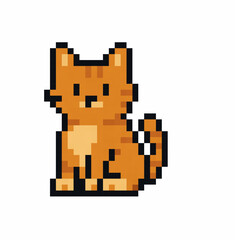 Fototapeta premium Adorable pixel orange cat character icon in classic retro game style. Cute sitting kitten with striped fur, clean pixel edges and soft shading.