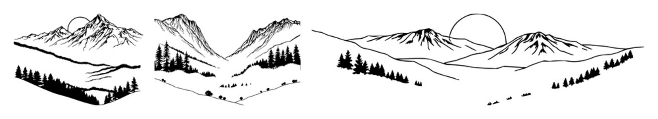 Fototapeta premium “““Peaceful mountain landscape with sunrise, misty valley, soft golden light, ultra realistic, cinematic view, high resolution, travel photography style set with simple line art design featuring ou...