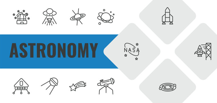 astronomy outline icon set. linear vector for ui, web and mobile. thin line observatory, ufo and cow, quasar icons.