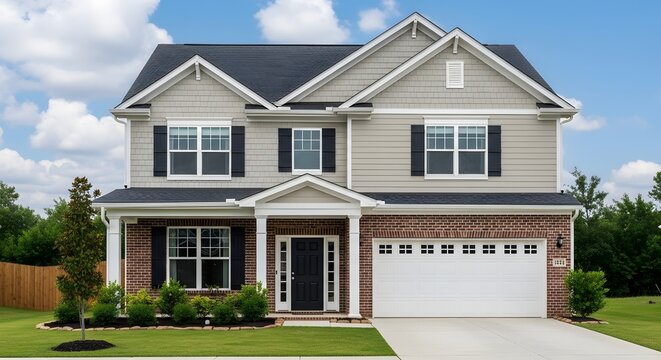 Charming two story suburban home with brick and siding exterior on a sunny day