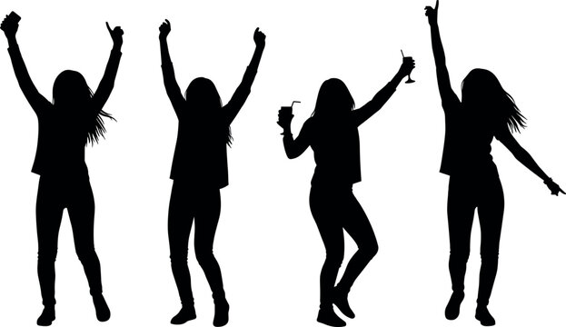 Set of four expressive party girl silhouettes dancing celebrating with drinks and raised hands for nightlife entertainment music festival event backgrounds.