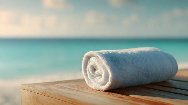 Relaxing beach vacation with a rolled towel on a wooden lounger overlooking the turquoise ocean and blue sky with clouds