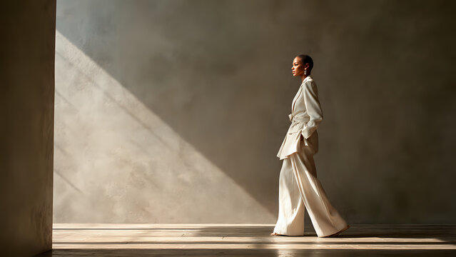 Elegant woman in white suit walking through sunlit studio with dramatic shadows