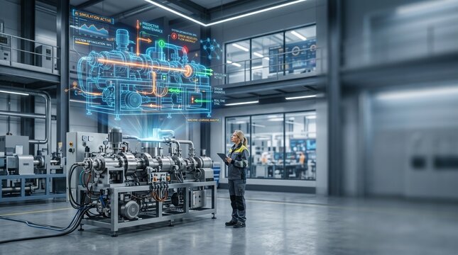 Female technician using augmented reality simulation for predictive maintenance and system optimization on industrial machinery.