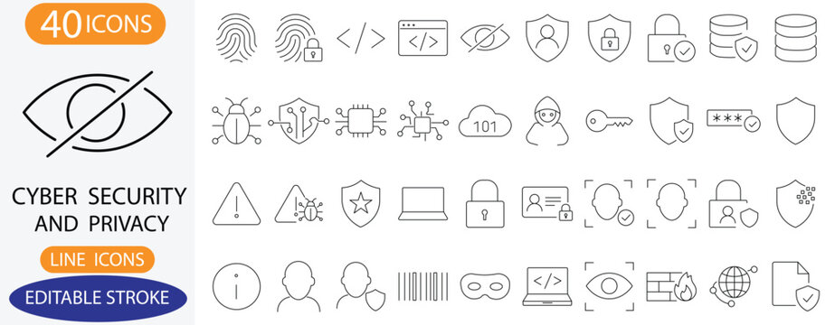 Cyber Security & Privacy Icons. Features icons of fingerprints, scan, shields, padlocks, hacker, and face ID. Perfect for data protection and tech UI design.