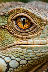 Naklejka premium Iguana's Gaze: A captivating close-up of an iguana's eye, revealing intricate details of scales and the unique pattern of the iris, offering a glimpse into the mysterious world of reptiles.