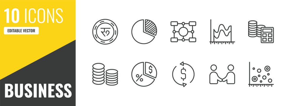 business outline icon set. 10 linear vector for ui, web and mobile. thin line nepalese, circular pie chart, item interconnections icons.