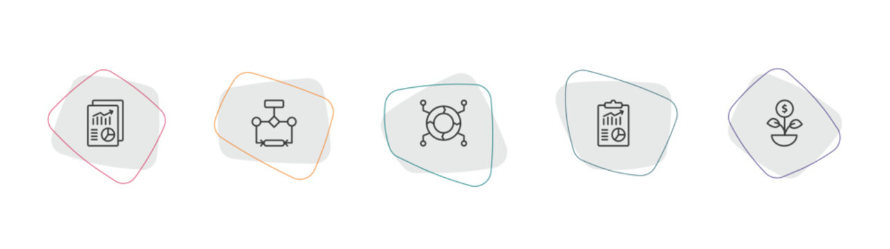 business outline icon set. linear vector for ui, web and mobile. thin line print document, flow chart, infographics icons.