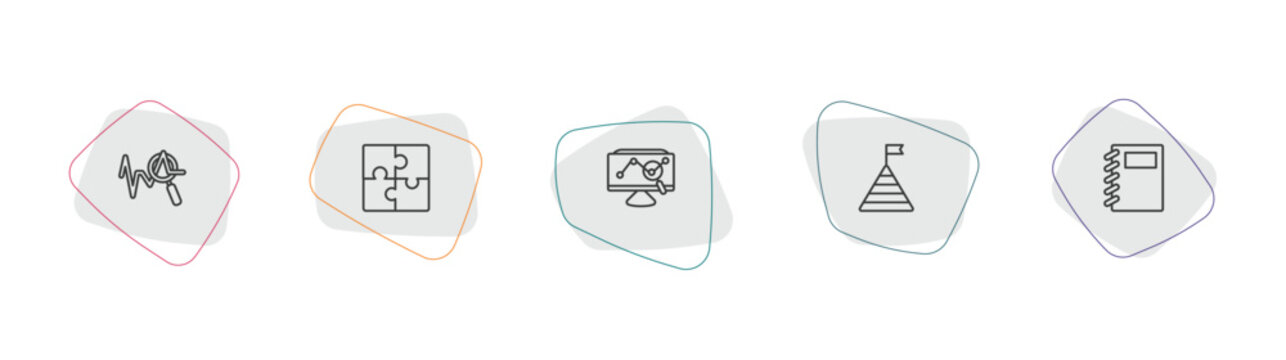 business and analytics outline icon set. linear vector for ui, web and mobile. thin line sine waves analysis, puzzle game piece, stock market icons.