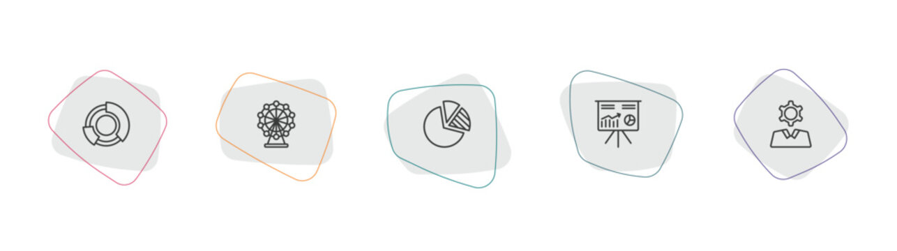 business and analytics outline icon set. linear vector for ui, web and mobile. thin line graph pie, ferris wheels, pie chart diagram icons.
