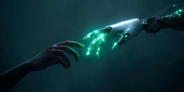 Human Hand Reaching Out to Robotic Arm with Glowing Green Light on Dark Background