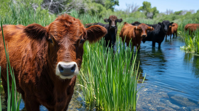 A regenerative farm pond reflects a May sky, Hereford cattle grazing along its managed bank, native sedges and rushes forming a natural filter margin in full spring green, ideal fo