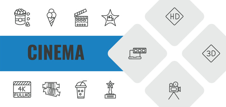 cinema outline icon set. linear vector for ui, web and mobile. thin line popcorn bag, stripped ice cream cone, cinema flapper icons.