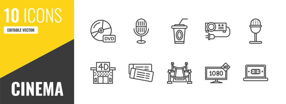 cinema outline icon set. 10 linear vector for ui, web and mobile. thin line dvd, movie microphone, papper cup with straw icons.