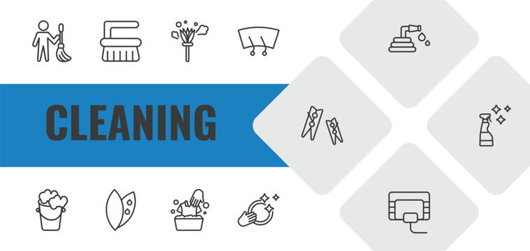 cleaning outline icon set. linear vector for ui, web and mobile. thin line cleaner, scrub brush, feather duster icons.
