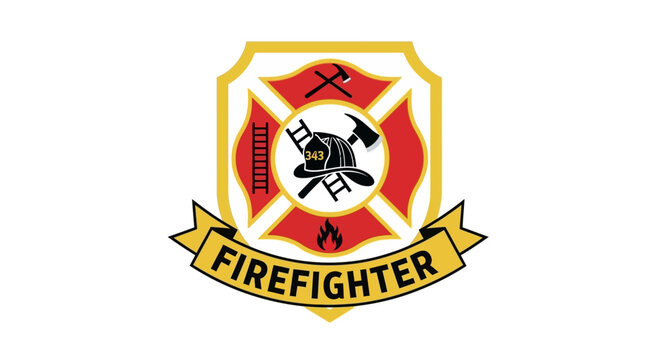 Firefighter emblem with tools and fire symbol on shield