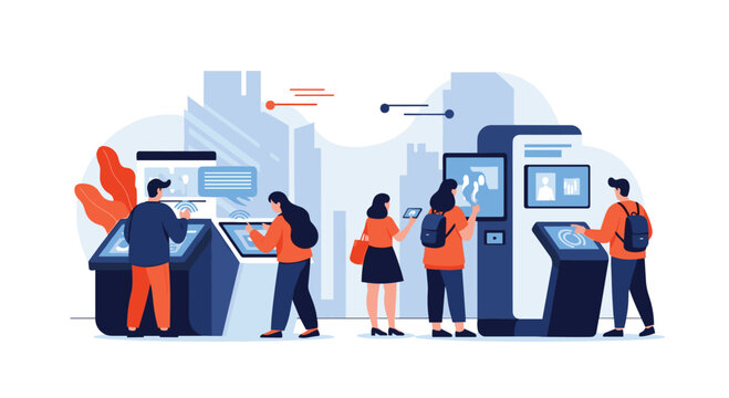 People interacting with modern interactive touch screen kiosks and digital displays in a futuristic information center or exhibition.
