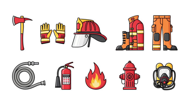Colorful firefighter equipment icons set on white background