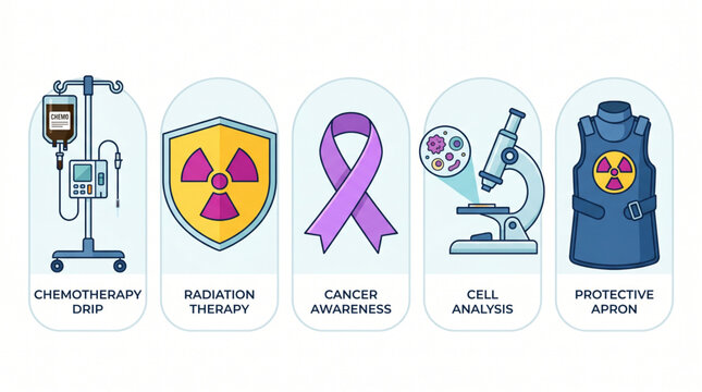 Medical Treatments and Cancer Awareness Icons Chemotherapy, Radiation, Cell Analysis, and Protective Apron