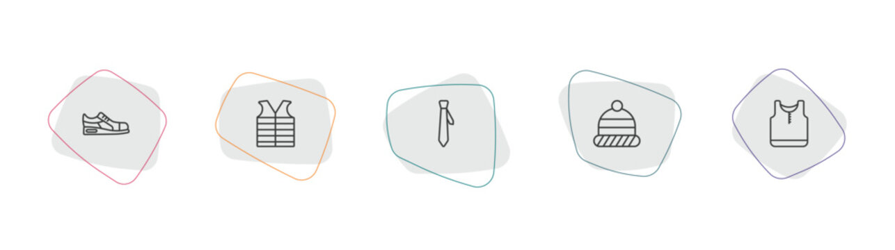 clothes outline icon set. linear vector for ui, web and mobile. thin line sneaker, padded vest, tie icons.