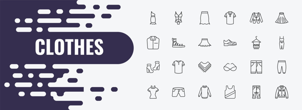 clothes outline icon set. linear vector for ui, web and mobile. thin line lingerie, peplum skirt, blazer icons.