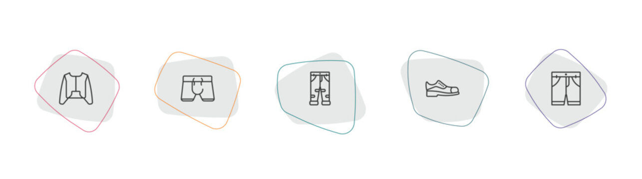 clothes outline icon set. linear vector for ui, web and mobile. thin line nylon jacket, boxers, boyfriend low jean icons.