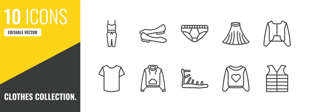 clothes collection. outline icon set. 10 linear vector for ui, web and mobile. thin line jumpsuit, ballets flats, underpants icons.