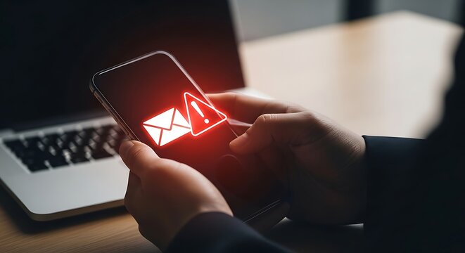 Person holding smartphone with phishing scam alert email on screen, cybersecurity concept.