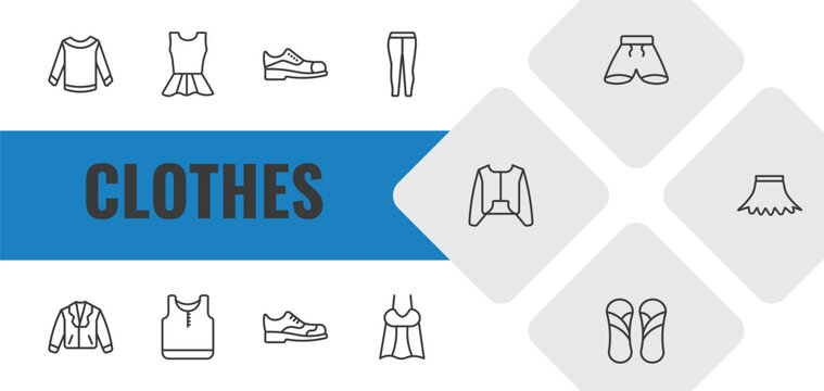 clothes outline icon set. linear vector for ui, web and mobile. thin line long sleeves t shirt, peplum top, leather shoes icons.