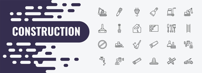 construction outline icon set. linear vector for ui, web and mobile. thin line clippers, hook with cargo, trolley with cargo icons. © Farahim