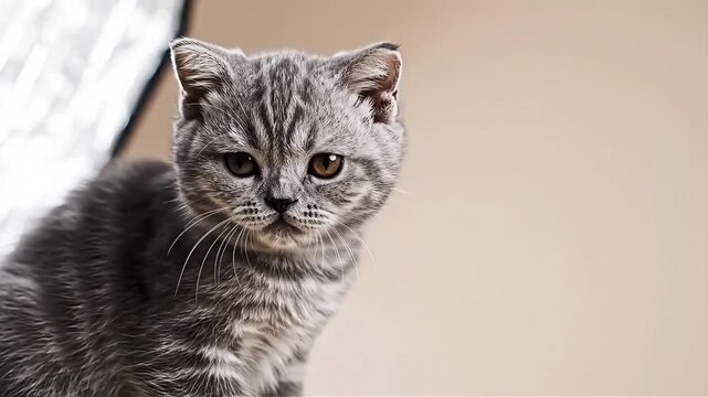 Scottish Fold Kitten Looking Down on Neutral Background