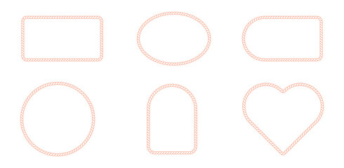 Round rope curve symbol collection. Pattern rope brush. Hexazon, square, oval and heart shape in sea sailor theme, nautical rope collection, flat vector illustration.Vintage nautical braided cord. © Neo Ahad