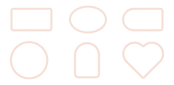 Round rope curve symbol collection.
Pattern rope brush. Hexazon, square, oval and heart shape in sea sailor theme, nautical rope collection, flat vector illustration.Vintage nautical braided cord.